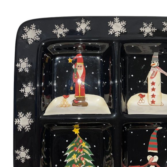 Certified International Becca Barton Midnight Penguin Santa Compartment Platter - Picture 2 of 7